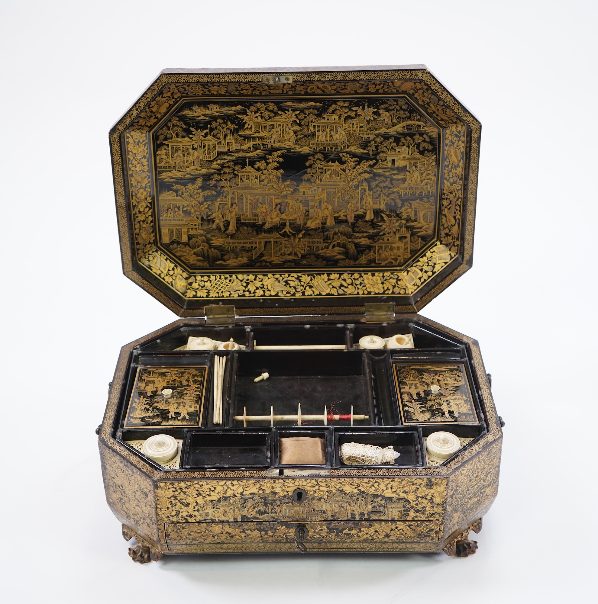 A Chinese export gilt decorated black lacquer sewing box, 19th century